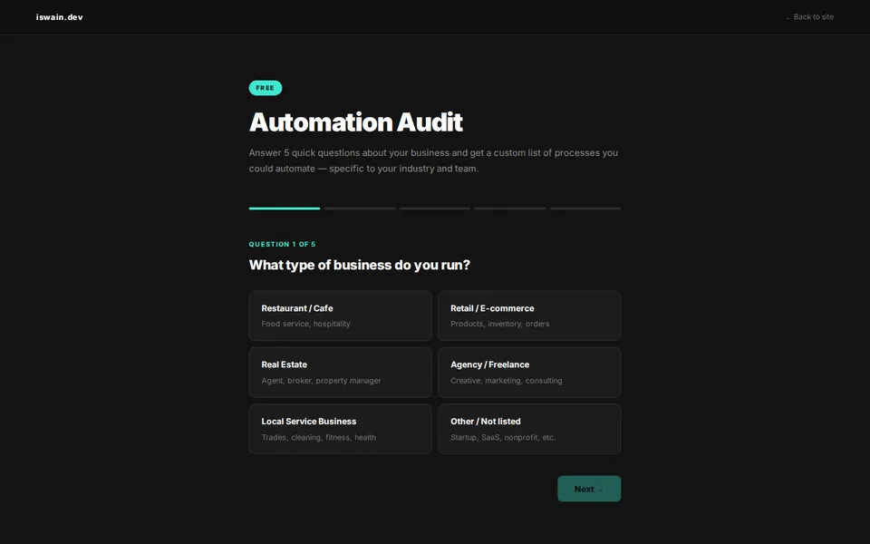 First question of the automation quiz, asking what type of business you run