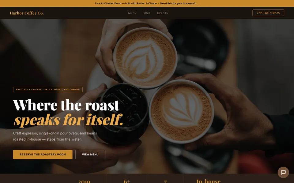 Home page of the Harbor Coffee Co. demo, latte art under a serif headline
