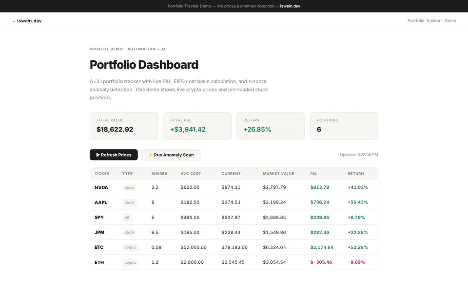 Portfolio tracker demo with total value, profit and a table of sample positions