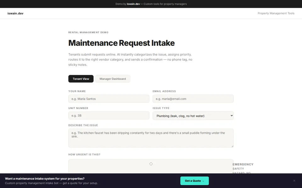 Maintenance request form for tenants with fields for name, unit and issue type