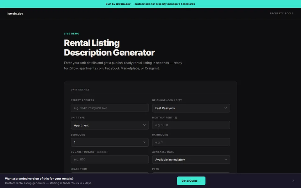Rental listing generator form with fields for address, neighborhood and unit type