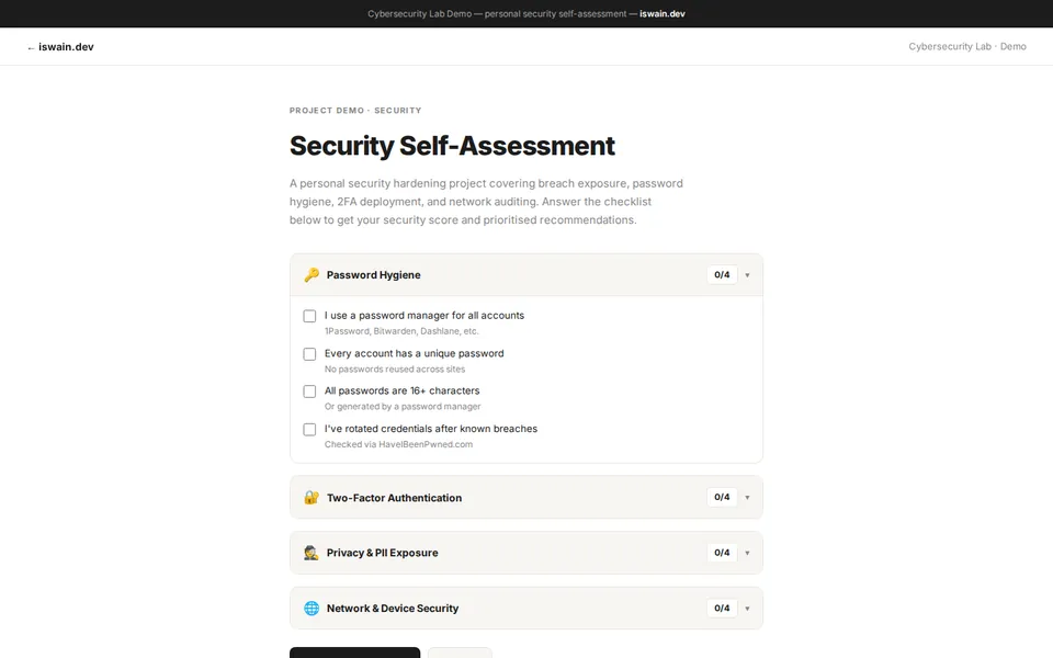 Security self-check demo with a password hygiene checklist