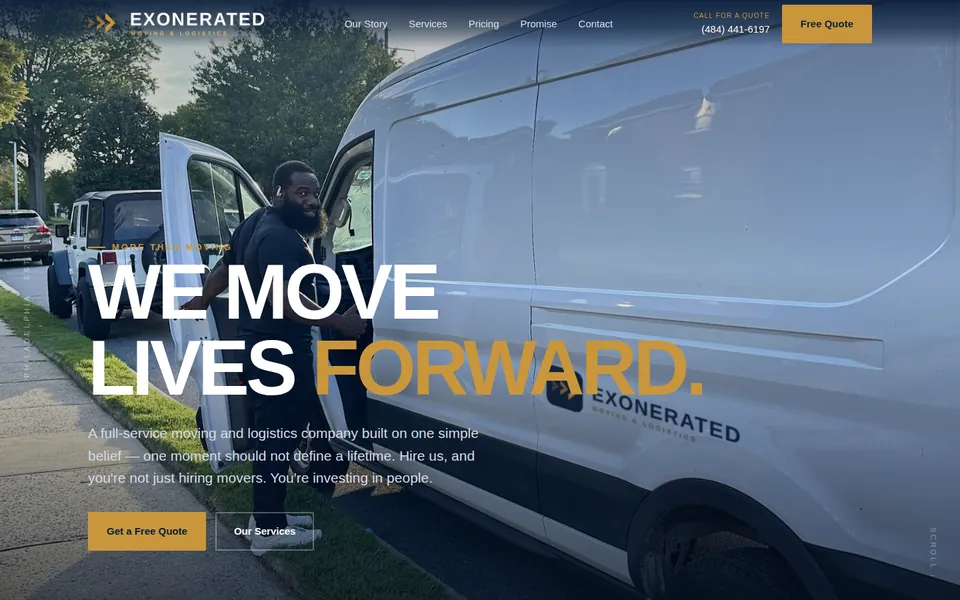 Home page of the Exonerated Movers site, showing a crew member beside a branded moving van