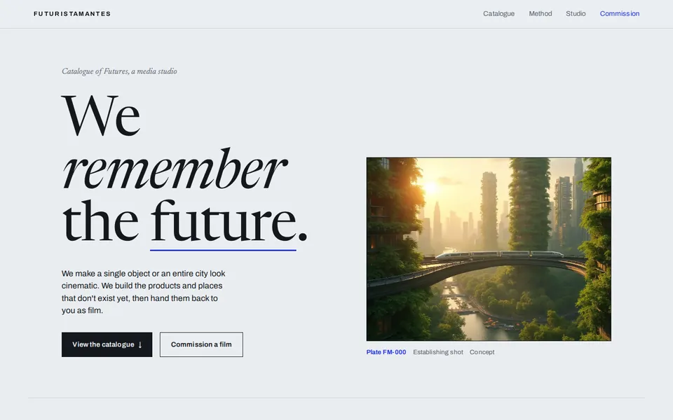 Home page of the Futuristamantes studio site, a serif headline beside a still of an overgrown bridge