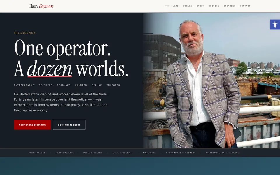Home page of a Philadelphia founder's personal site, with a serif headline beside a portrait on a waterfront
