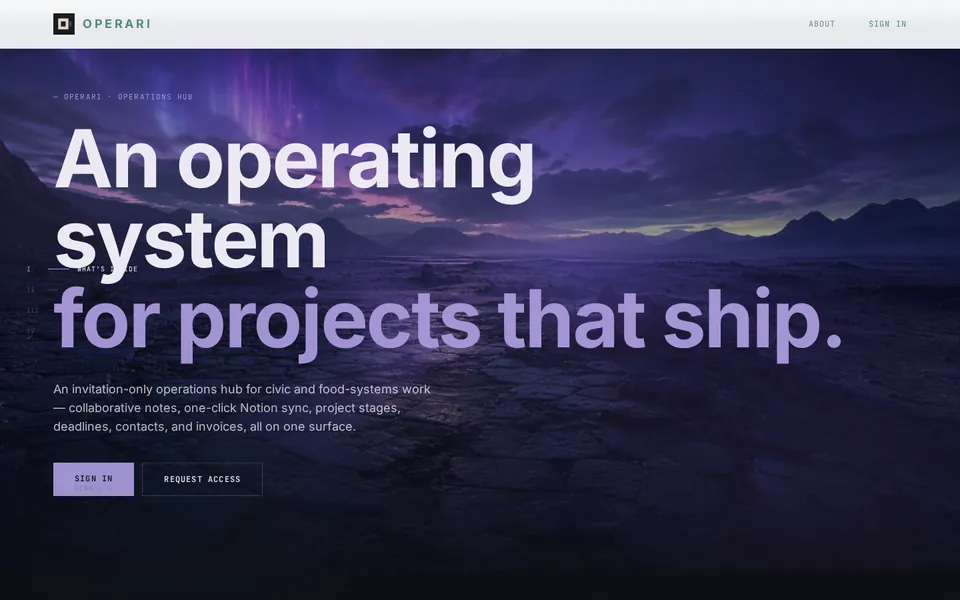 Front page of OPERARI, a large white headline over a purple mountain scene